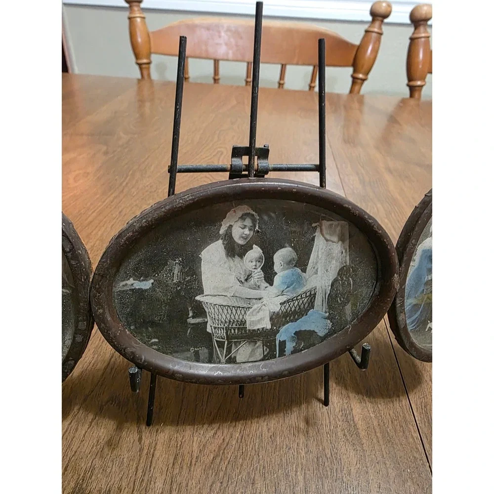 Antique 1928 Triptych Oval Photo Frame Mother and Child Hand Tinted 8.25 Inch